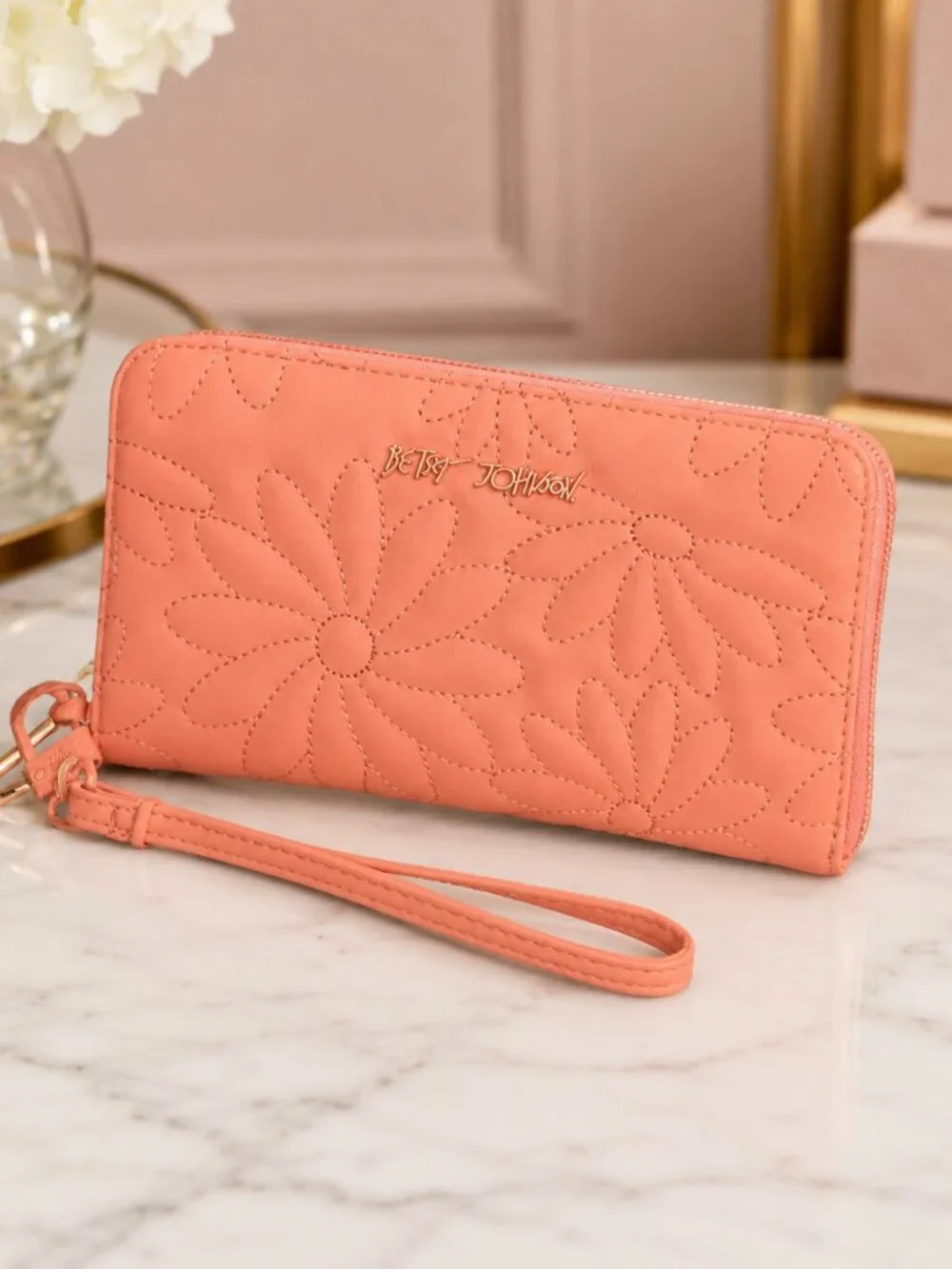 Betsey Johnson Peach Daisy Zip Around Wallet Wristlet NWT